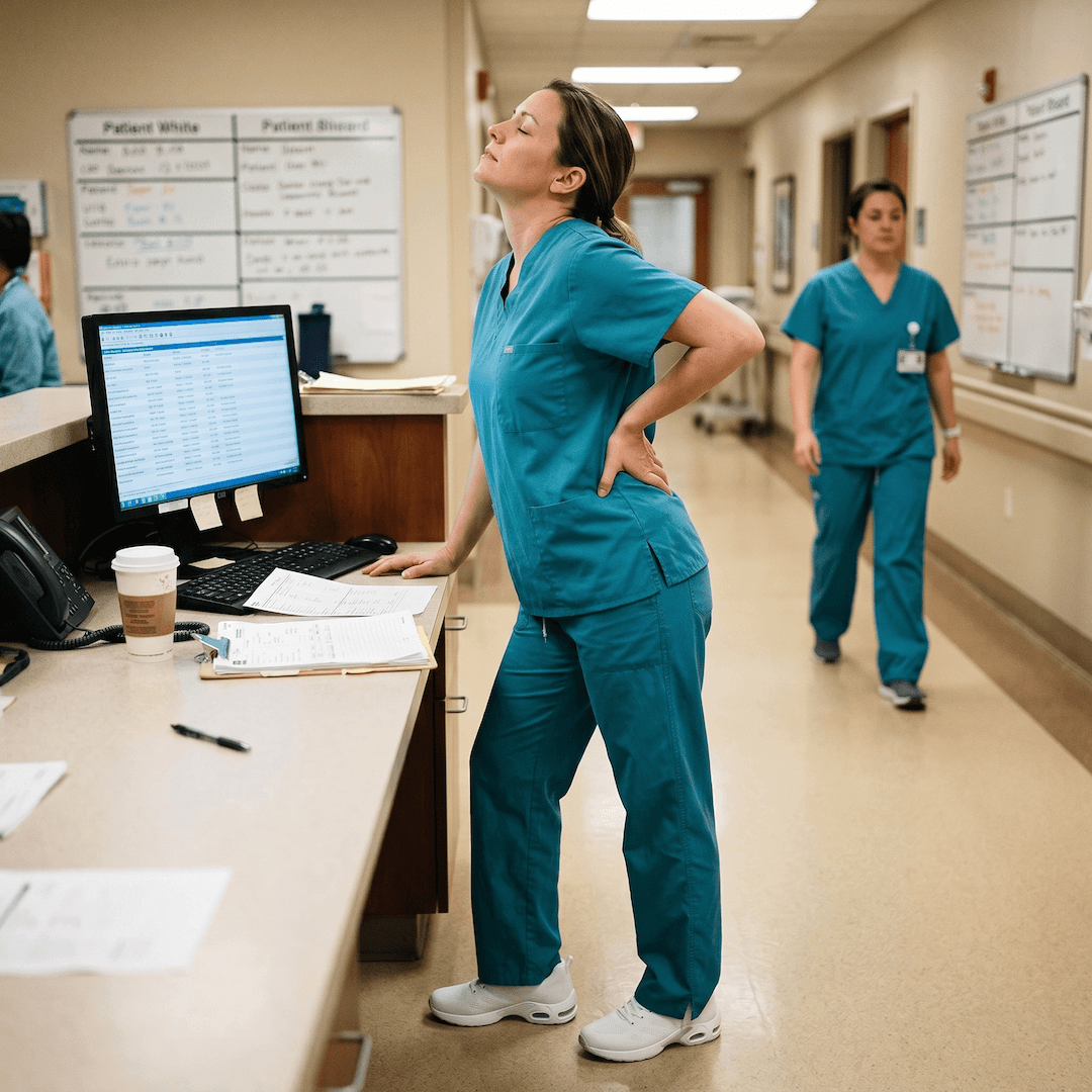 Nurse stretching her lower back at the nurse's station between rounds